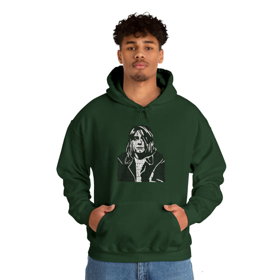 Kurt Cobain | Unisex Hooded Hoodie Sweatshirt | Embrace Your Vibe | Calligram Word Design
