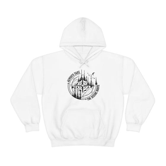 Always Take Scenic Route Compass  Camping Hiking |  Unisex Hooded Hoodie Sweatshirt | Embrace Your Vibe