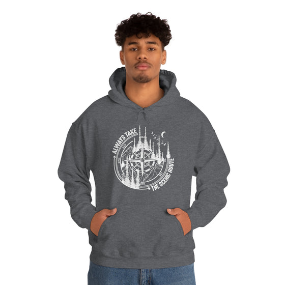 Always Take Scenic Route Compass  Camping Hiking |  Unisex Hooded Hoodie Sweatshirt | Embrace Your Vibe