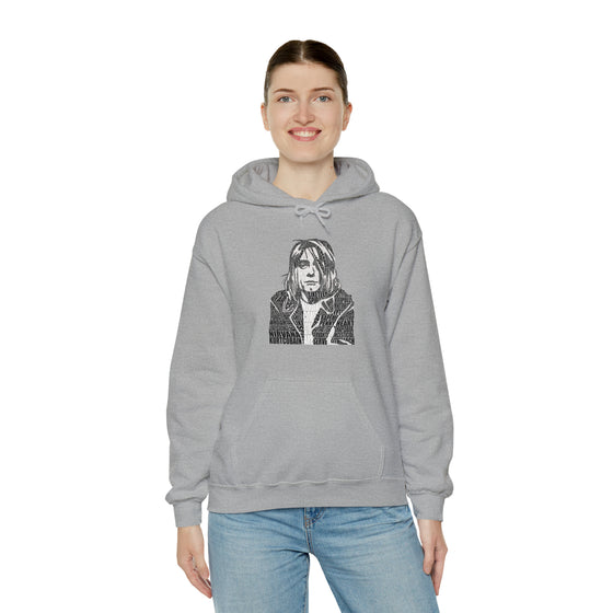 Kurt Cobain | Unisex Hooded Hoodie Sweatshirt | Embrace Your Vibe | Calligram Word Design