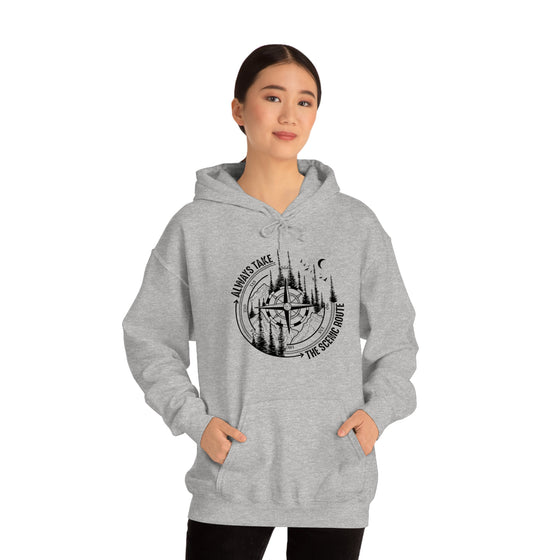 Always Take Scenic Route Compass  Camping Hiking |  Unisex Hooded Hoodie Sweatshirt | Embrace Your Vibe