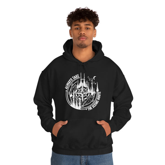 Always Take Scenic Route Compass  Camping Hiking |  Unisex Hooded Hoodie Sweatshirt | Embrace Your Vibe
