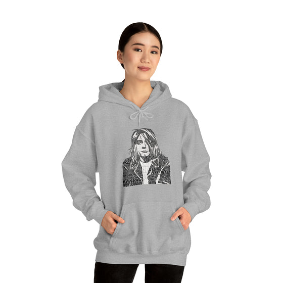 Kurt Cobain | Unisex Hooded Hoodie Sweatshirt | Embrace Your Vibe | Calligram Word Design