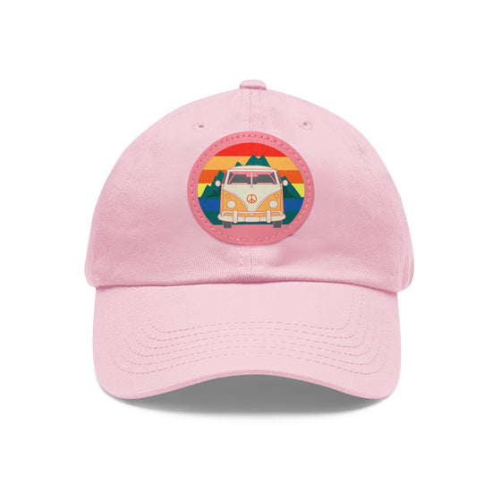 Hippie Hat | VW Bus Mountain Sunset Circle Leather Patch Baseball Cap