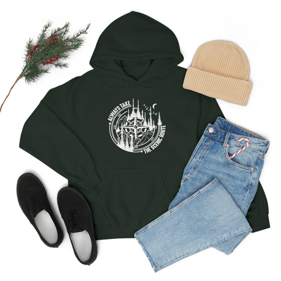 Always Take Scenic Route Compass  Camping Hiking |  Unisex Hooded Hoodie Sweatshirt | Embrace Your Vibe