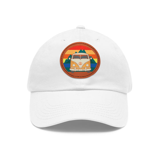 Hippie Hat | VW Bus Mountain Sunset Circle Leather Patch Baseball Cap