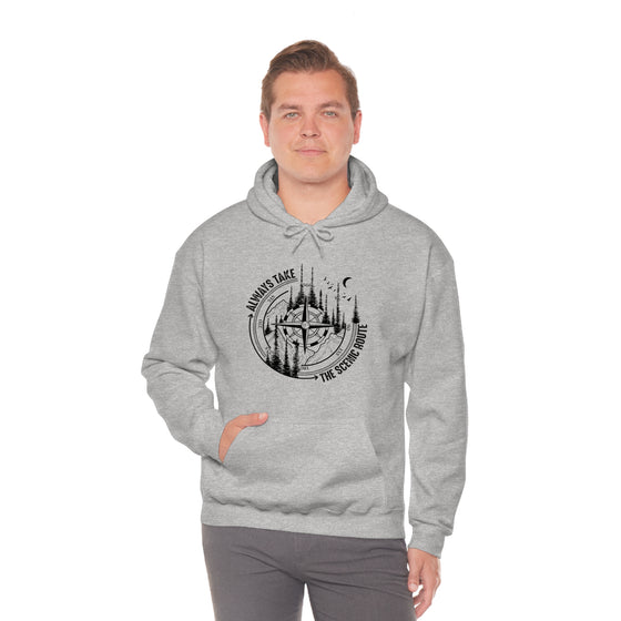 Always Take Scenic Route Compass  Camping Hiking |  Unisex Hooded Hoodie Sweatshirt | Embrace Your Vibe