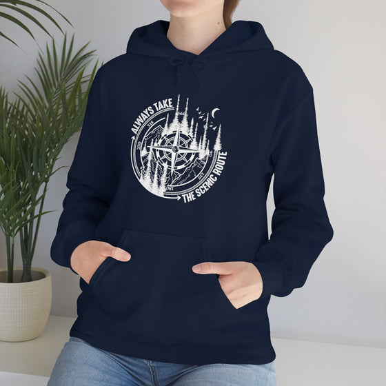 Always Take Scenic Route Compass  Camping Hiking |  Unisex Hooded Hoodie Sweatshirt | Embrace Your Vibe