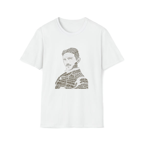 Nikola Tesla Science | Unisex Soft Style Tee T-Shirt  | Calligram Word Design