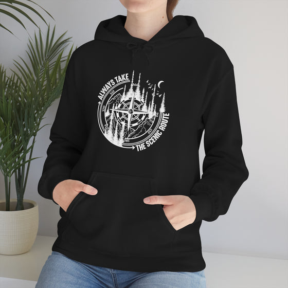 Always Take Scenic Route Compass  Camping Hiking |  Unisex Hooded Hoodie Sweatshirt | Embrace Your Vibe