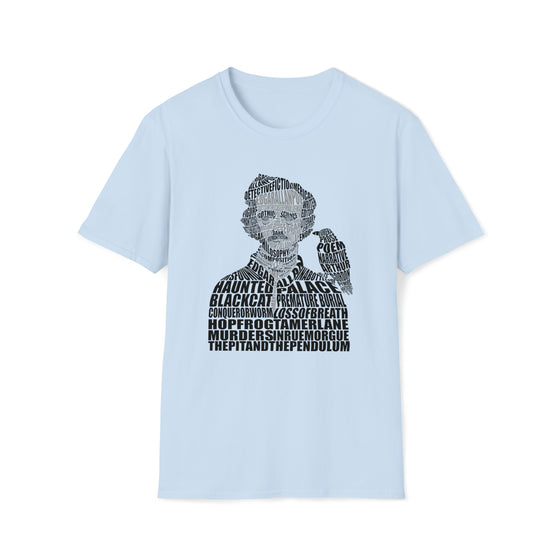 Edgar Alan Poe Poet | Unisex Soft Style Tee T-Shirt | Embrace Your Vibe | Calligram Word Design