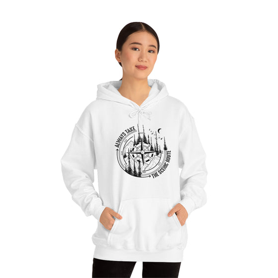 Always Take Scenic Route Compass  Camping Hiking |  Unisex Hooded Hoodie Sweatshirt | Embrace Your Vibe