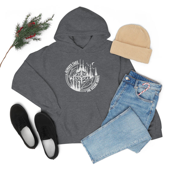 Always Take Scenic Route Compass  Camping Hiking |  Unisex Hooded Hoodie Sweatshirt | Embrace Your Vibe