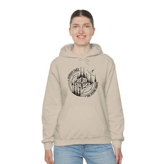 Always Take Scenic Route Compass  Camping Hiking |  Unisex Hooded Hoodie Sweatshirt | Embrace Your Vibe
