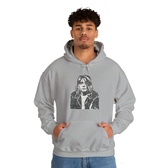 Kurt Cobain | Unisex Hooded Hoodie Sweatshirt | Embrace Your Vibe | Calligram Word Design